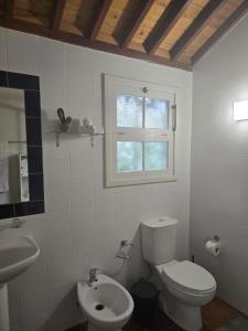 een badkamer met toilet, wastafel en raam bij Recanto Vital in Achadinha +51 foto's