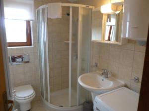 łazienka z prysznicem, umywalką i toaletą w obiekcie Apartment Grozic w mieście Porat +27 zdjęć