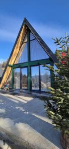 una casa con tetto triangolare e finestre in vetro di Wild Hill Apuseni a Gârda de Sus