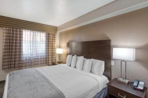 a hotel room with a large bed with white pillows at SureStay by Best Western Salt Lake City Downtown in Salt Lake City