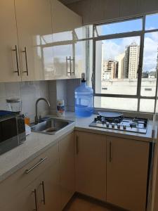 una cocina con fregadero y una botella de agua en la encimera en Apartamento Renovado a 5 Minutos del Centro Comercial Sambil Candelaria en Caracas, en Caracas