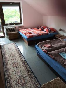 Un dormitorio con dos camas y una ventana y una alfombra. en Chalet Sedmihori, en Staré Sedlo