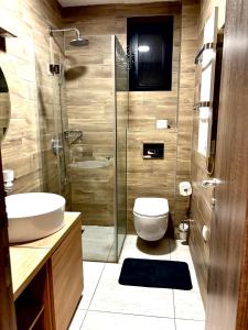 ein Badezimmer mit Dusche, Toilette und Waschbecken in der Unterkunft City Heart Apartments Belgrade Free Wi-Fi Self Check-in Central Location in Belgrad