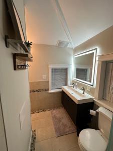 a bathroom with a sink and a toilet and a mirror at Lovely private home in a serene neighborhood in Totowa +41 photos