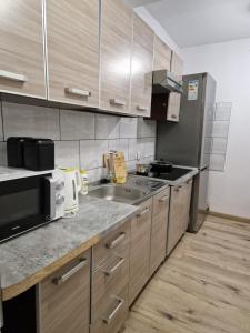una cocina con fregadero y microondas en SAWAGO przytulne mieszkanie u Gosi Lekowo Ciechanów, 