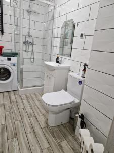 Un baño con inodoro, lavabo y ducha. en SAWAGO przytulne mieszkanie u Gosi Lekowo Ciechanów, 