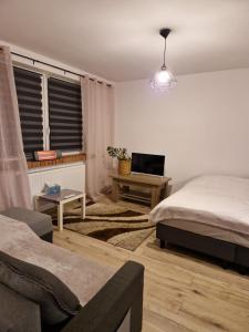 Un dormitorio con dos camas y un escritorio con una computadora portátil. en SAWAGO przytulne mieszkanie u Gosi Lekowo Ciechanów, 