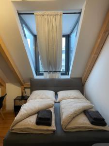 フィリンゲン・シュヴェニンゲンにあるModernes und helles Apartment VSの大きな窓のある部屋にベッドが2つある