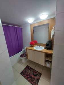 a bathroom with a sink and a purple shower curtain at Departamento de Vacasiones Viña del Mar 2026 in Viña del Mar