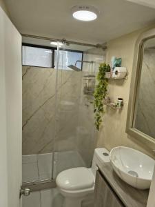 een badkamer met een douche, een toilet en een wastafel bij LuxeStay in Santa Marta in Gaira