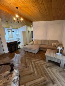 een woonkamer met een bank en een tafel bij Cabana Nys Escape in Bălceşti