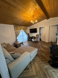 een woonkamer met een groot bed en een houten plafond bij Cabana Nys Escape in Bălceşti