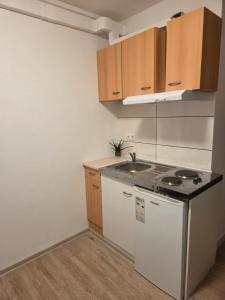 een lege keuken met een wastafel en een fornuis bij CityCube Apartment in München
