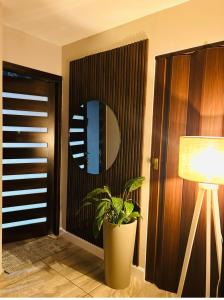 ein Zimmer mit einem Spiegel, einer Pflanze und einer Lampe in der Unterkunft Hortensia Room A2 in St Paul's Bay