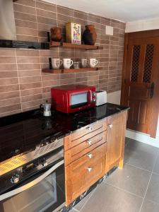 una cucina con forno a microonde rosso su un bancone di Domus Mangana a Cuenca