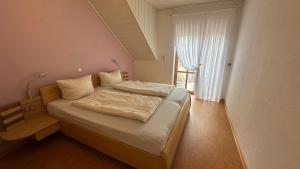 a bedroom with a bed and a large window at Ferienwohnung Nidderau Komfort in Nidderau
