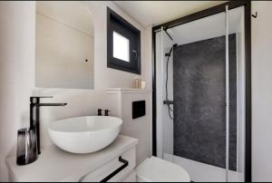 een badkamer met een witte wastafel en een douche bij Tinny House in Offemont