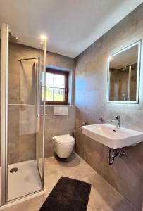 een badkamer met een wastafel, een toilet en een douche bij Ferienhaus Praschberg in Niederndorferberg +44 foto's