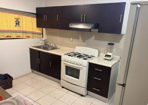 una cucina con una stufa bianca e un lavello di Apartamento Atzompa Oaxaca a Città di Oaxaca