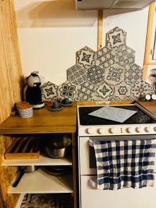 a kitchen with a stove and a counter at Le chalet à bulles in Sainte-Marie-au-Bosc