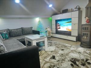 a living room with a couch and a tv and a christmas tree at Ambient Light apartment Sarajevo with free parking in Sarajevo