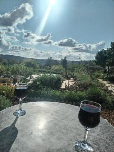 two glasses of wine sitting on a table with a view at Casa 99 in Miranda do Corvo