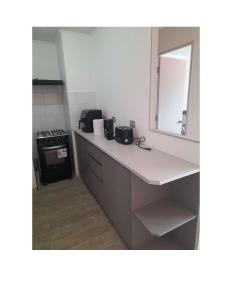 een keuken met een aanrecht met een wastafel en een spiegel bij Condominio Vista Reloncavi in De Cauquenes