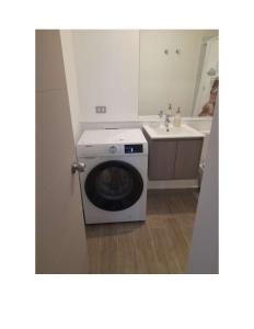 een wasmachine in een keuken met een wastafel bij Condominio Vista Reloncavi in De Cauquenes