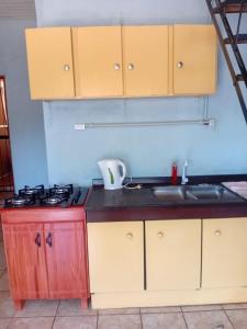 eine Küche mit einem Herd, einer Spüle und Schränken in der Unterkunft La Esperanza in Puerto Esperanza + 2 Fotos