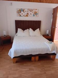 a bedroom with a large bed with a wooden headboard at Las Cabañas del Francés in Vallenar