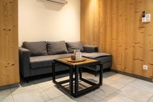 a living room with a couch and a table at Gite Le ptit plus à Gérardmer in Gérardmer