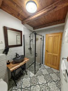 a bathroom with a sink and a shower at Hiša Šturm in Tolmin +39 photos