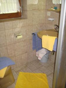 een badkamer met een wastafel en een toilet met handdoeken bij Apartment Hölzlbauer in Krimml