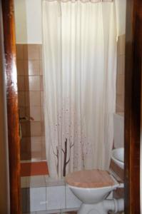 een badkamer met een wit douchegordijn en een toilet bij Apartments Sonja in Živogošće