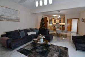 ein Wohnzimmer mit einer Couch und einem Weihnachtsbaum in der Unterkunft Kostaras Comfort Stay in Dispilio