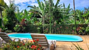 a swimming pool in a garden with chairs and a table at Pousada Raízes na Vila de Barra Grande in Marau