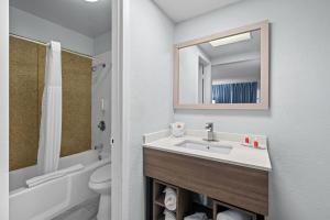 a bathroom with a sink and a toilet and a mirror at Econo Lodge Daytona Beach - Speedway in Daytona Beach