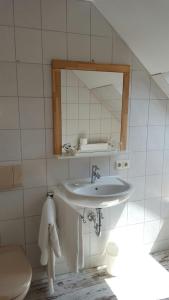 a bathroom with a sink and a mirror and a toilet at Landgasthof Haller in Gauting