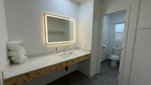 a bathroom with a sink and a mirror and a toilet at Florentine Motel And Studio in Bell