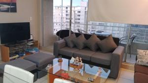 a living room with a couch and a television at Condominio Laguna Vista Algarrobo in Valparaíso