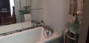 ein Badezimmer mit einem Waschbecken und einer Badewanne mit einem Spiegel in der Unterkunft La Belle Maison in Piégut-Pluviers + 10 Fotos