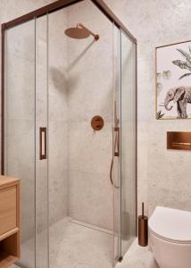 a shower with a glass door in a bathroom at Apartament Hugo - Stare Miasto - Garaż Gratis !!! in Elblag