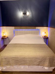 Nali Room في La Vespière: غرفة نوم بسرير كبير وعليها مصباحين