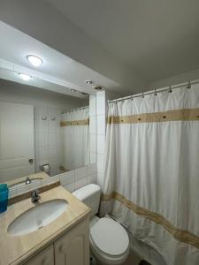 ein Badezimmer mit Toilette, Waschbecken und Duschvorhang in der Unterkunft Excellent apartment, view and quiet atmosphere in Viña del Mar