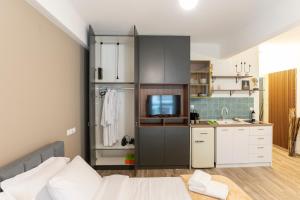 una camera con letto e una cucina con lavandino di PHOS Nest a Serres Altre 24 foto