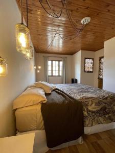 a bedroom with a large bed in a room with wooden ceilings at Rosa Mosqueta Esquel in Esquel