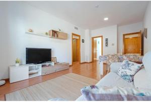 ein Wohnzimmer mit Sofa und Flachbildfernseher in der Unterkunft Apartamentos de Ángel in Vinebre
