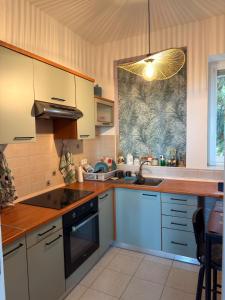 eine Küche mit Spüle und Herd Oberer Backofen in der Unterkunft Blue Horizon Studio Opatija in Opatija