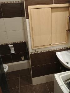 een badkamer met een wastafel, een toilet en een kast bij Centrum Czeski Cieszyn in Karviná