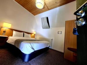 a hotel room with a bed in a room at The Black Cat in Bran